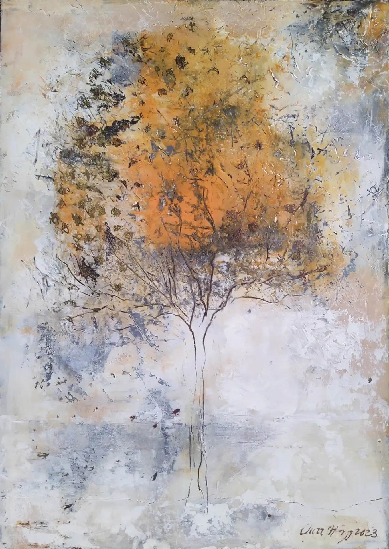 Olet ruskassa kylpevä puu | Outi Hägg | 2023 | 42x29,5x2,3 cm | öljy ja kylmävaha vanerille | #202302