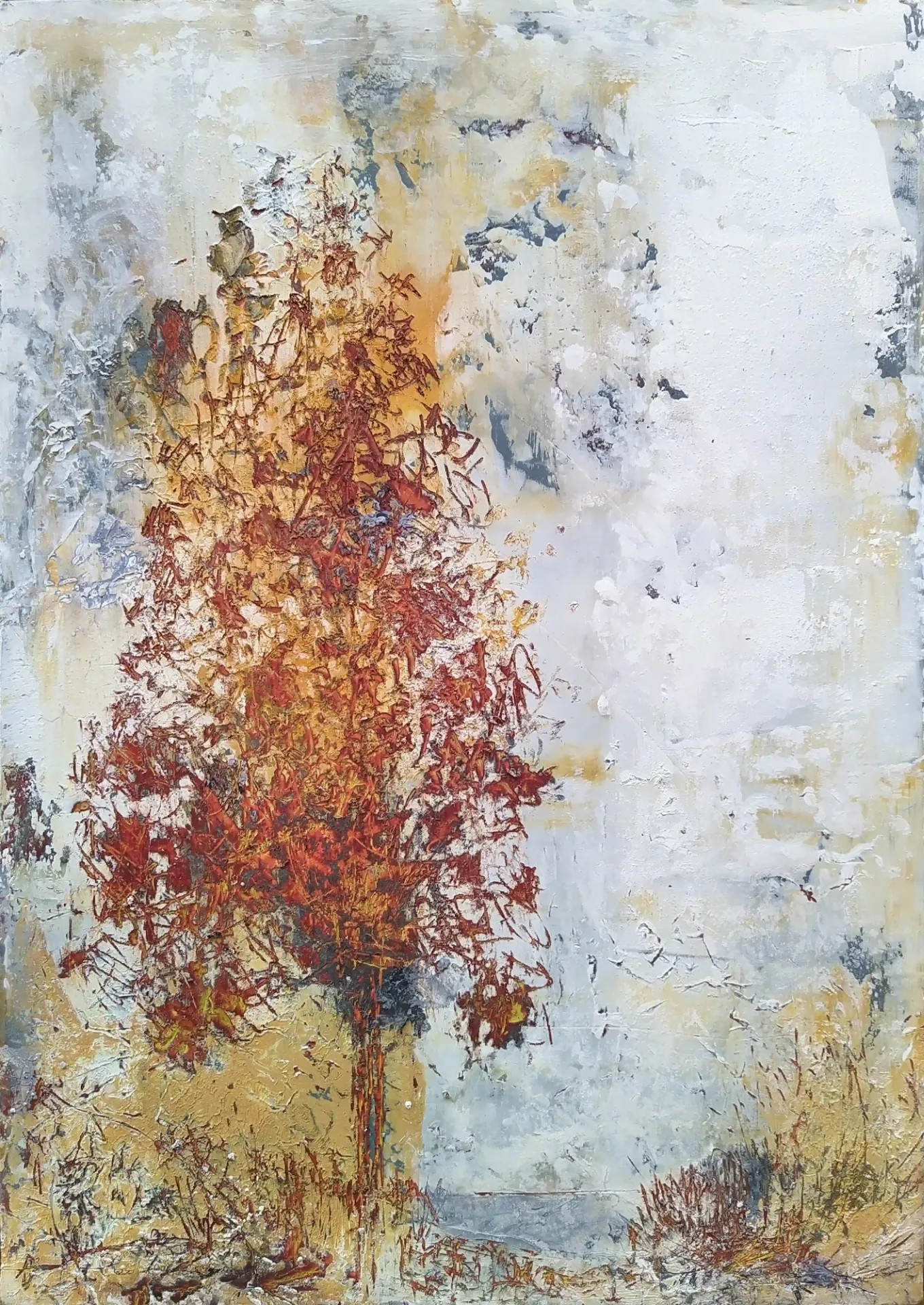 Sinun puistosi ovat kauniita | Outi Hägg | 2023 | 42x29,5x2,3 cm | öljy ja kylmävaha vanerille | #202304