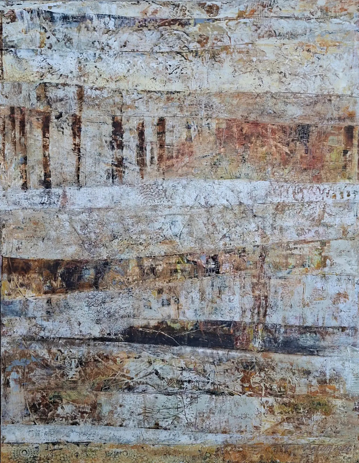 Sedimentit | Outi Hägg | 2025 | 85x65x2,3 cm | öljy ja kylmävaha vanerille | #202601